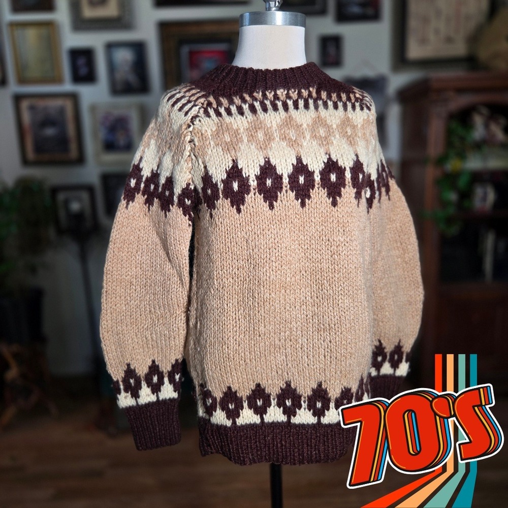 Vintage 70s Greek Knitwear Wool Sweater Brown Tan Fair Isle Geometric Mens Large